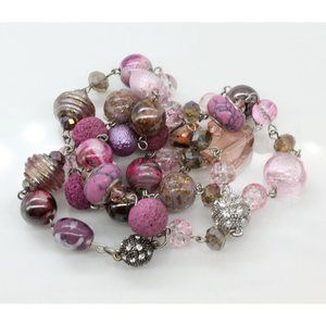 925 STERLING pink art glass rhinestone bead necklace/bracelet set 20", 8" EUC